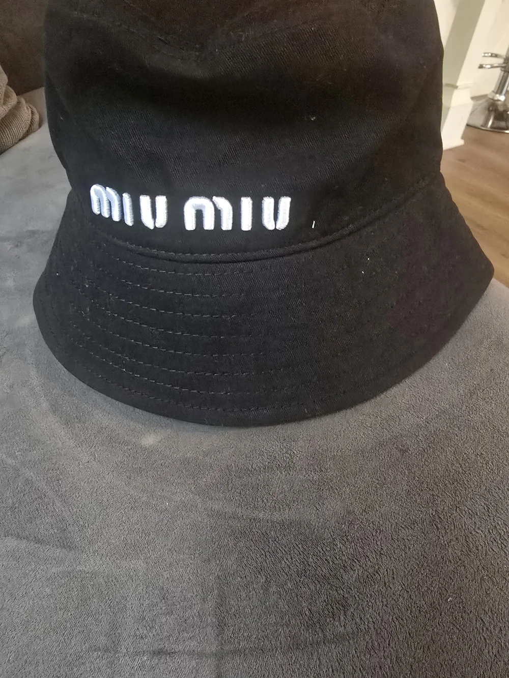 Miu Miu Black Bucket Hat with White Embroidered Logo